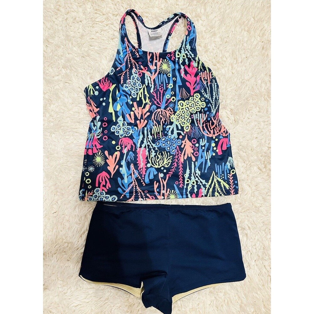 Lands’ End Girl 14 Navy Blue Coral Tropical Swim Racerback Tankini EUC